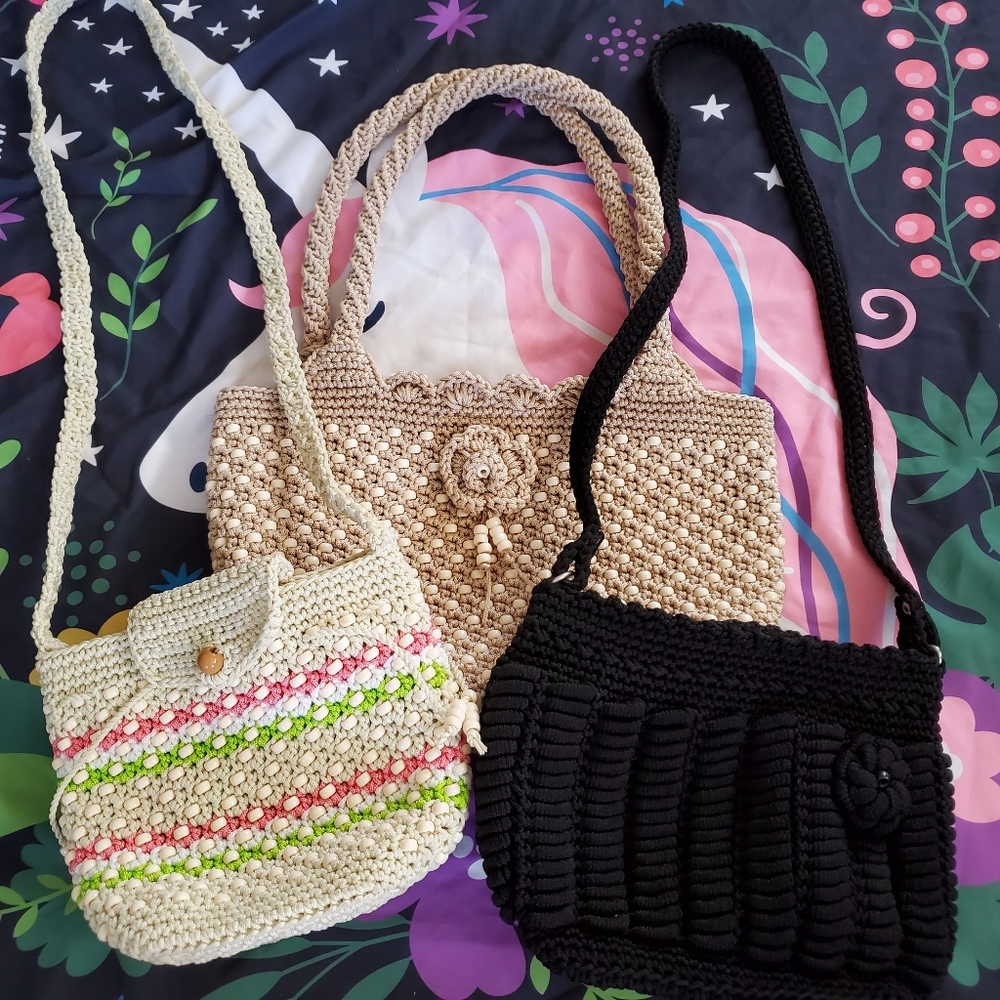 Lot of 3 Fashion Crocheted Crossbody Shoulder Bag